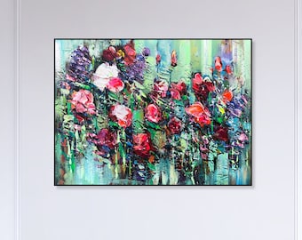 Abstract Bloming Flowers Field Paintings On Canvas, Modern Acrylic Floral Artwork, Romantic Expressionist Painting, Heavy Textured Art Decor