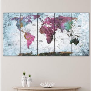 Carte du monde texturée colorée, toile d'art mural, carte de voyage moderne, impression multi-panneaux pour salon ou décoration de bureau, cadeau pour les amateurs d'aventure