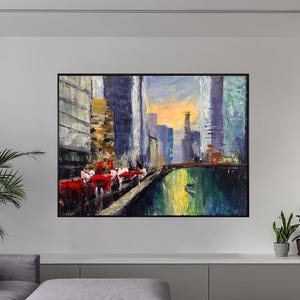 Abstract Cityscape Painting: Twilight River, Modern Urban Art