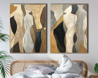 Original Oil Painting Canvas Figurative Wall Art Abstract Shapes Painting Gold Leaf Artwork Diptych Painting Human Silhouettes Wall Art