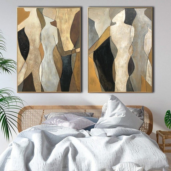 Original peinture à l'huile toile art mural figuratif formes abstraites peinture feuille d'or oeuvre diptyque peinture silhouettes humaines art mural