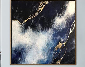Dipinti blu originali su tela Opere d'arte contemporanee in foglia oro Pittura a olio acrilica Pittura unica Arte da parete strutturata per soggiorno