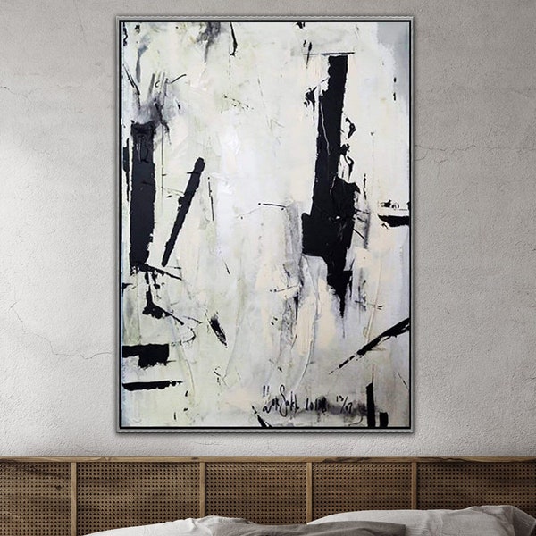 Large Palette Knife Painting Black and White Wall Art Canvas Wall Hanging Acrylic Painting Contemporary Decor Modern Oil Painting