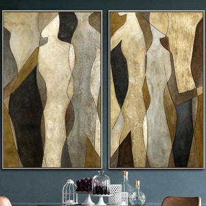 Large Abstract Figurative Diptych Paintings On Canvas Modern Fashion Gold Leaf Art Original Set Of 2 Paintings for Living Room Decor image 2