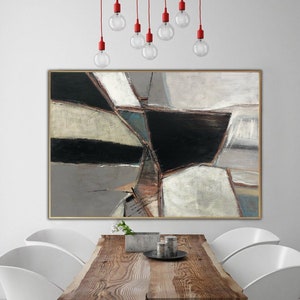 Geometric Abstract Painting: Large Black and White Acrylic Art on Canvas