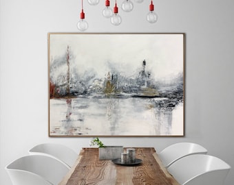 Abstract White And Grey Oil Painting Reflections On Water Minimal Color Palette Misty Atmosphere Modern Art Interior Design Frame Painting