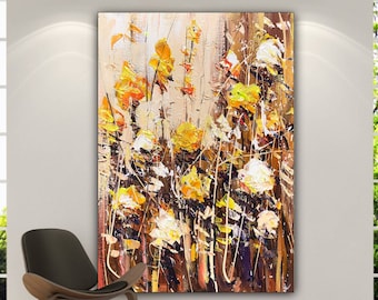 Abstract Gold Flowers Paintings On Canvas, Modern Representational Art, Colorful Flowers Romantic Painting, Textured Wall Hanging Decor