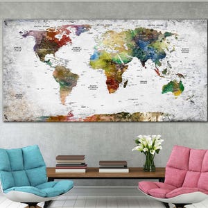 Impression sur toile colorée de carte du monde de style aquarelle Art moderne, impression de carte multi-panneaux, idée cadeau originale pour les amateurs de voyage, décoration de maison ou de bureau