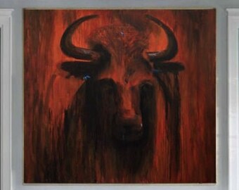 Arte espressionista colorata Pittura di toro Pittura rossa e nera Testa di toro Grande dipinto Animale Toro Pittura Pittura moderna Originale 60x60