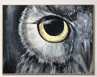 Decorazione di arte moderna della parete Grande gufo Pittura astratta Occhio di uccello Pittura Minimalista Pittura su tela Originale per sala da pranzo 17,7x23,6"