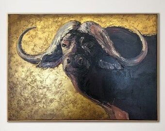 Gran pintura original animal negro y oro toro pintura sobre lienzo marco abstracto pintura sala de estar pared arte lienzo 19.6x27.5"