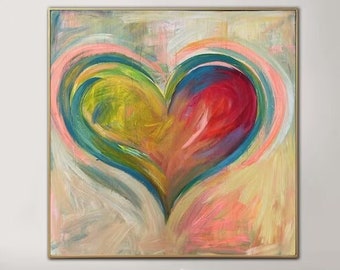 Love Painting Colorful Acrylic Canvas Art Romantic Painting Frame Painting Heart Painting Modern Wall Art Framed Living Room Art 40x40"