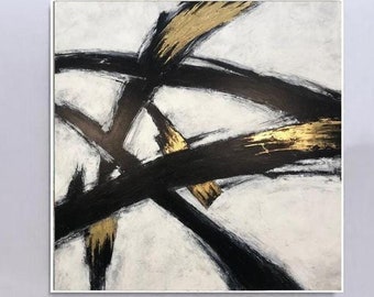 Original Abstrakte Schwarz Weiß Gemälde Auf Leinwand, Strukturierte Blattgold Kunst, Handgemachte Ölgemälde, Kreative Wandbehang Dekor für Zuhause