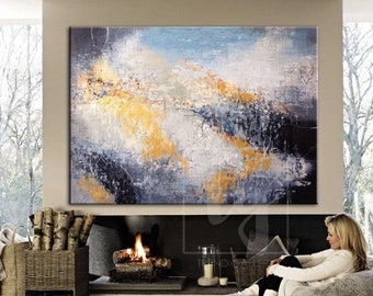 Large Abstract Painting on Canvas Blue Wall Art Colorful Artwork Modern Oil Painting Heavy Textured Art for Staircase Wall Decor