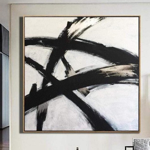 Abstrakte Malerei im Franz-Kline-Stil in Schwarz-Weiß-Gemälde auf Leinwand, moderne minimalistische Malerei, zeitgenössische Kunst für die Inneneinrichtung