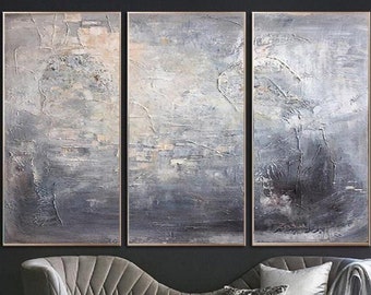 Extra grande original abstracto gris conjunto de 3 pinturas sobre lienzo arte de plata contemporáneo decoración del hogar texturizado moderno arte de pared monocromo