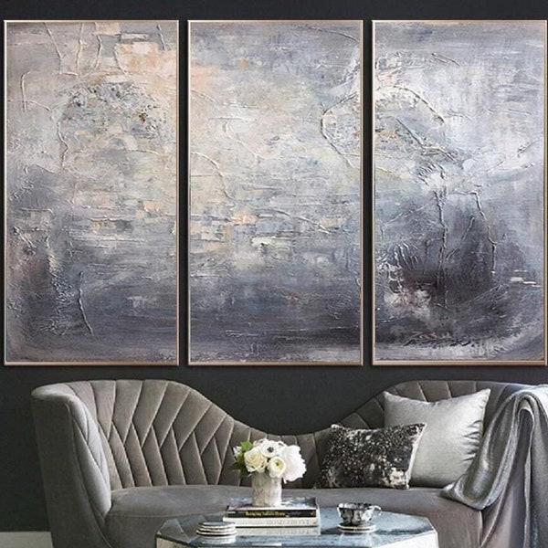 Set extra large originale astratto grigio di 3 dipinti su tela, opere d'arte contemporanea in argento, decorazione per la casa moderna strutturata, arte da parete monocromatica