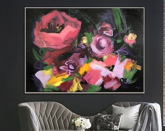 Pintura de flores abstractas sobre lienzo Arte floral acrílico Pintura floral impresionista con colores vibrantes y pinceladas dinámicas Decoración de pared