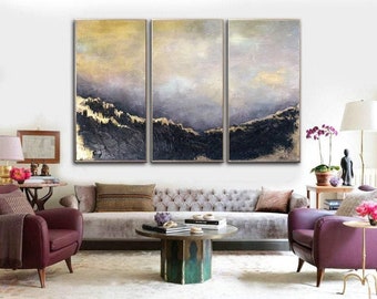 Abstract Mountains Painting Triptych Wall Art Dark Oil Painting Gold Leaf Artwork Heavy Textured Art Landscape Painting Contemporary Art