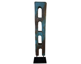 Modern Dark Blue Totem Original Hand Carved Table Decor Wood Sculpture for Home Desktop Art 25.6x4.3"