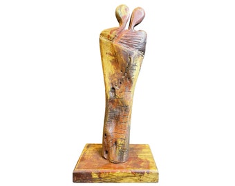 17x7.8" Original Vertical Wood Sculpture Creative Brown Desktop Table Art Modern Figurine Home Decor INSEPARABLE