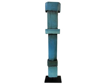 27x4.7" Creative Blue Totem Original Table Decor Wood Sculpture Modern Desktop Art for Home TURQUOISE