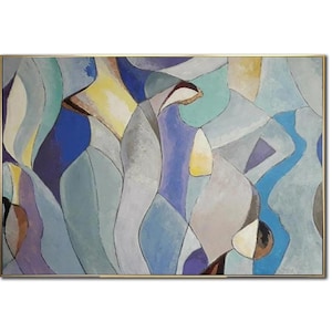 Modern Abstract Soft Blue and Neutral Tones Figurative Painting Curved Shapes Minimalist Art for Living Room or Office Wall Decor