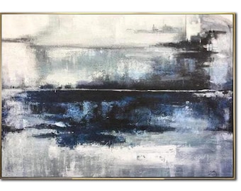 Abstract Navy Blue Landscape Painting on Canvas Original Monochrome Art Textured Oil Painting Contemporary Wall Decor for Home or Office