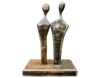 12x42,6 cm Original Figurative Holz Tisch Abstrakte Figuren Silhouette Kunst Künstlerische Holzarbeit Moderne Holzkunst Zwei Figuren Duo Skulptur