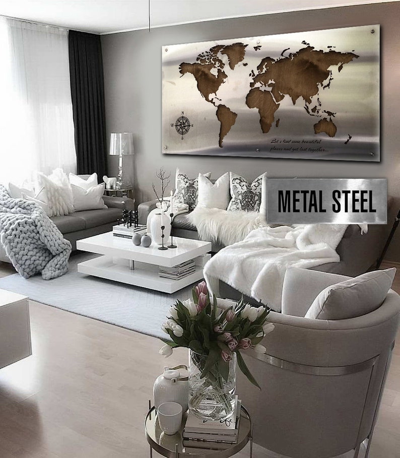 Metal Matte World Map Large Stainless Steel World Map Unique Etsy