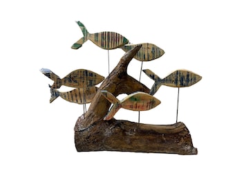 19.7x11" Original Abstract Wood Sculpture Art Abstract Fishes Wood Hand Carved Art Modern Table Desktop Decor for Indie Room Decor