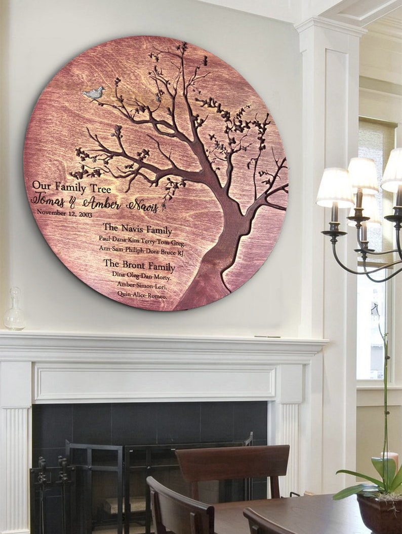 Family Tree Wall Art Round Wooden Sign Scorched on Wood Custom Etsy