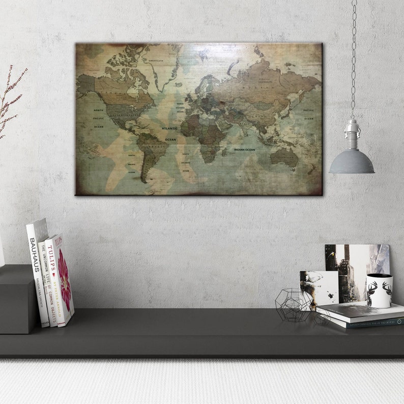 Wood World Map Wall Art Map Of The World Print On Wood Natural Etsy