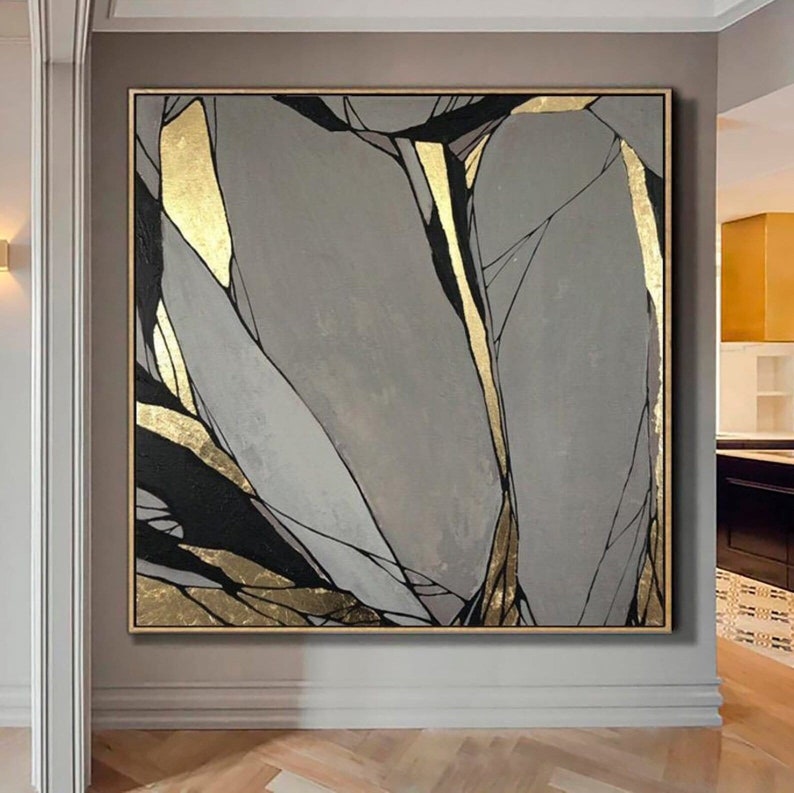 Original Gold Leaf Painting Large Abstract Painting Gray Painting Textured Art Abstract Acrylic Painting On Canvas Living Room Wall Art image 1