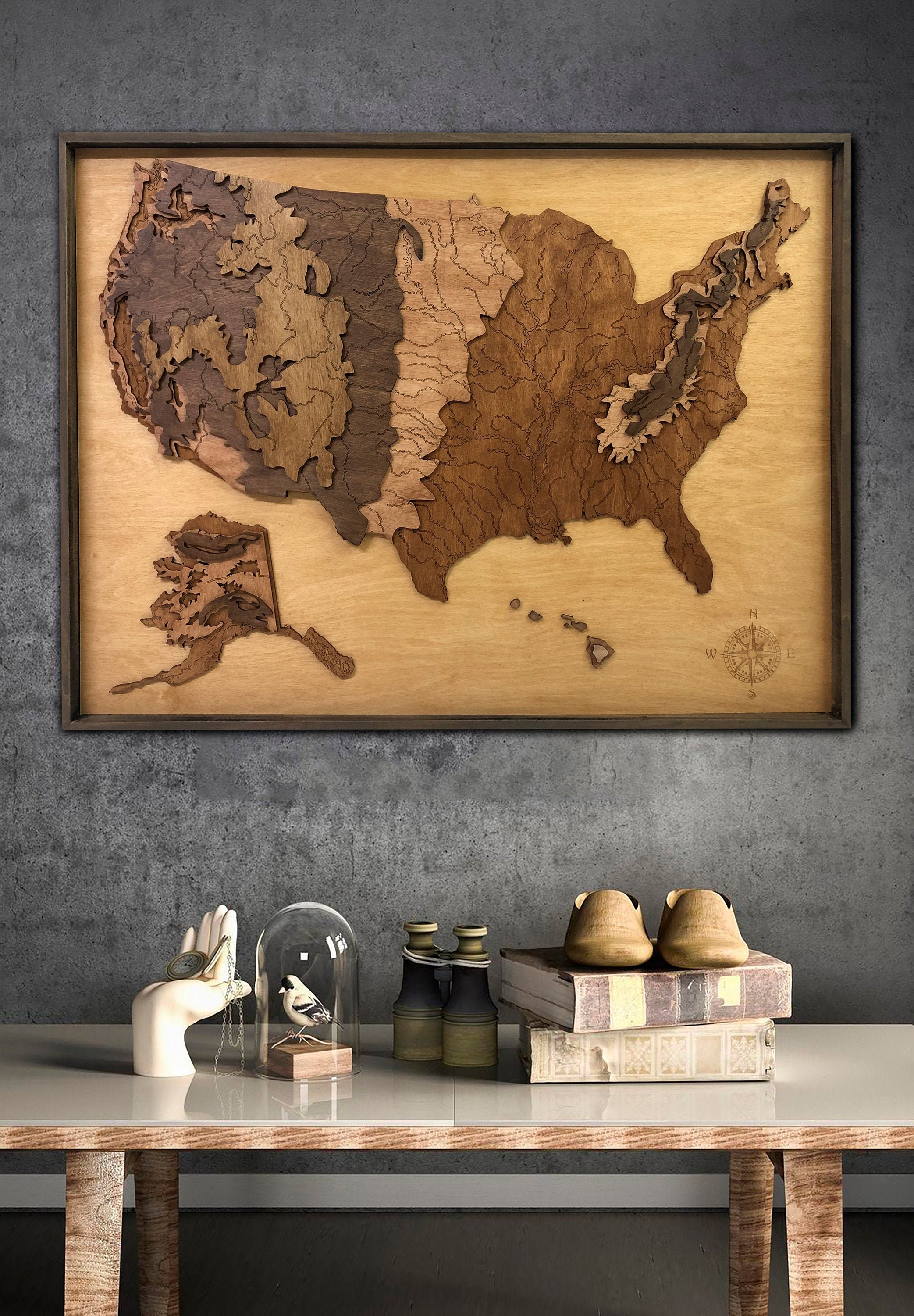 USA Wooden Map Wood Carved Map of America US Wall Art US Etsy