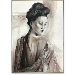 Elegant Geisha Painting Neutral Portrait Art Asian-Inspired Painting Timeless Beauty Canvas for Modern Minimalist Interiors 40&quot;x30&quot;