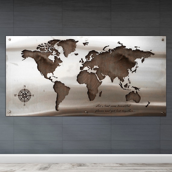 Metal World Map Stainless Steel Map of the World Unique Metal Etsy