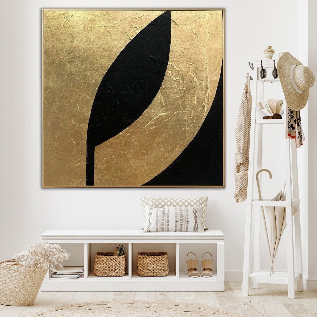 Abstract Black Painting on Canvas Gold Wall Art Gold Leaf Art Heavy Textured Artwork Black and