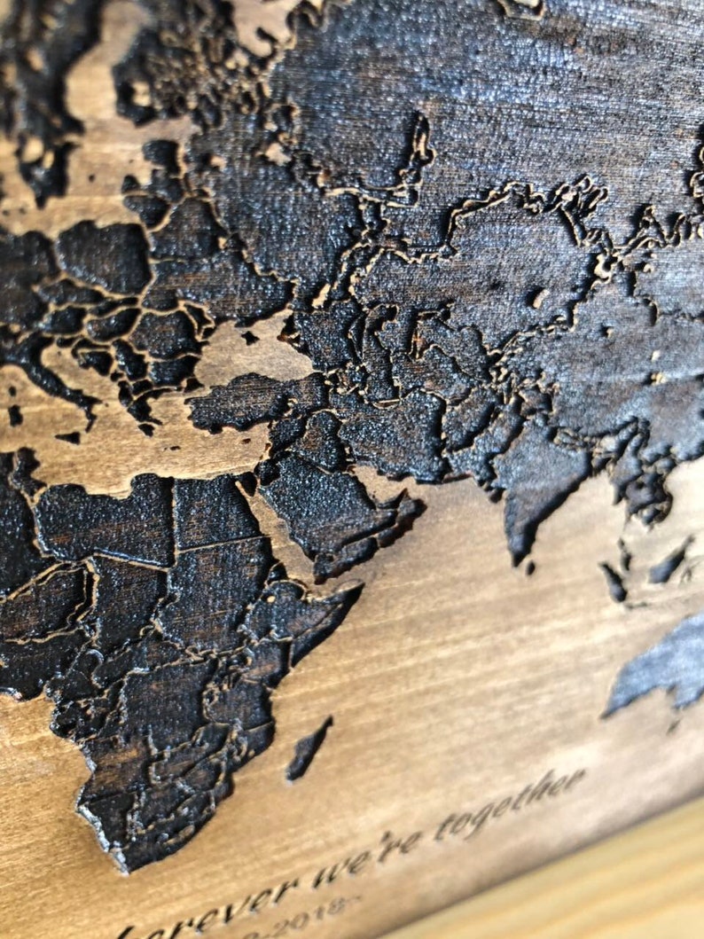 Wooden World Map Wall Art Engraved on Wood Burning Art Wood Etsy