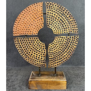 18.5x14 Original Wood Disc Sculpture Creative Partitioned Disk Abstract Symbol Wood Desktop Art GOLDEN DISK image 1