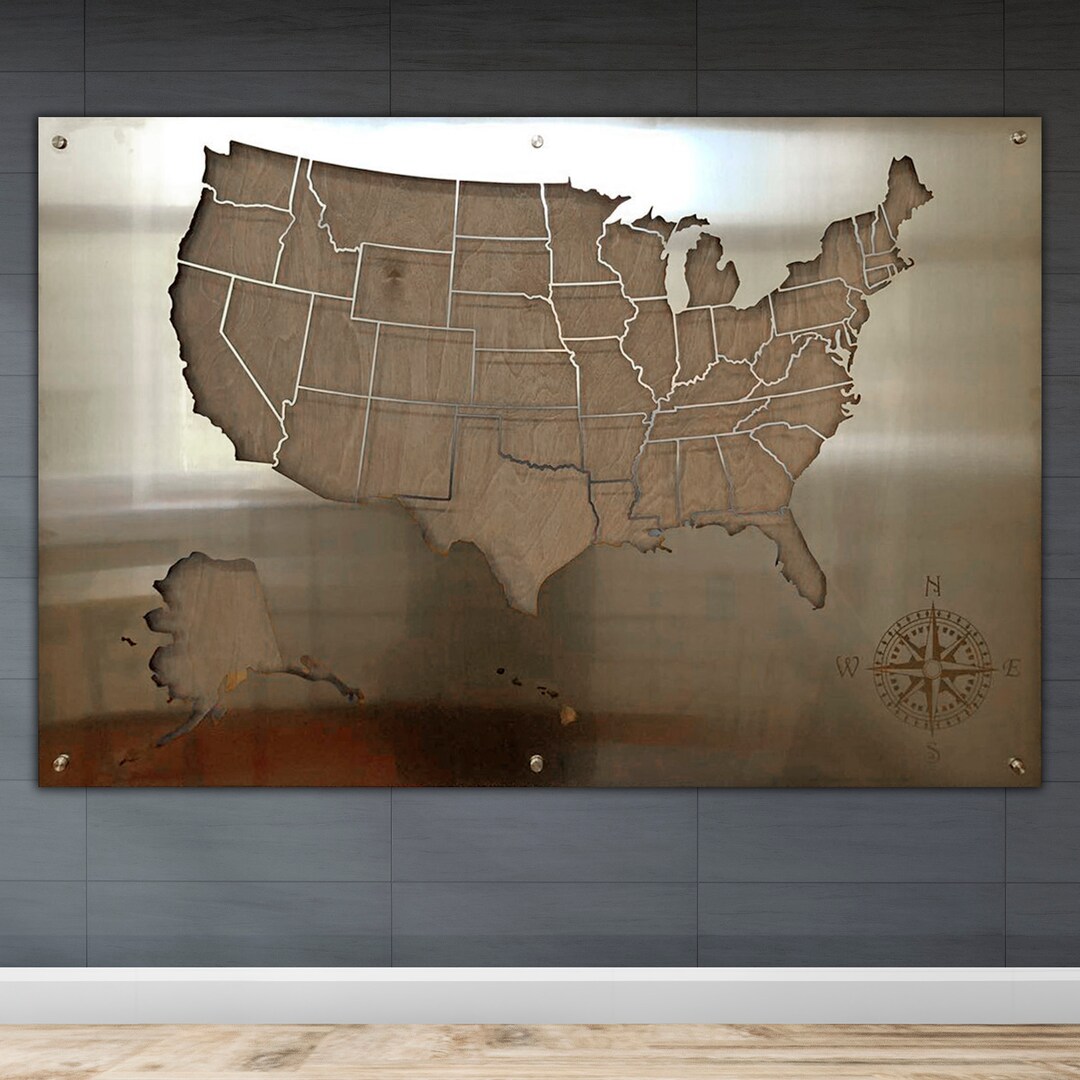 Metal USA Map Stainless Steel Map of USA Unique Metal American Etsy
