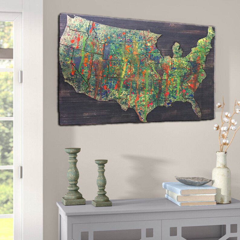 Colorful America Wooden Map United States Map Wall Art Decor Etsy