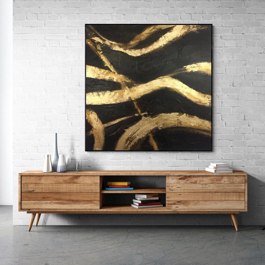 Large Black and Gold Abstract Painting – Modern Textured Geometric ...