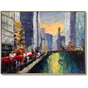 Grote abstracte stadsgezicht schilderijen op canvas impressionisme moderne stedelijke kunst originele skyline water reflectie kleurrijk schilderij muur decor