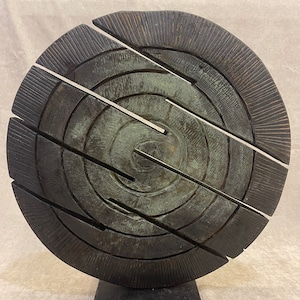 19.2x15.7 Original Round Wood Sculpture Creative Dark Wood Desktop Art Abstract Wood Table Figurine MAZE DISC image 3