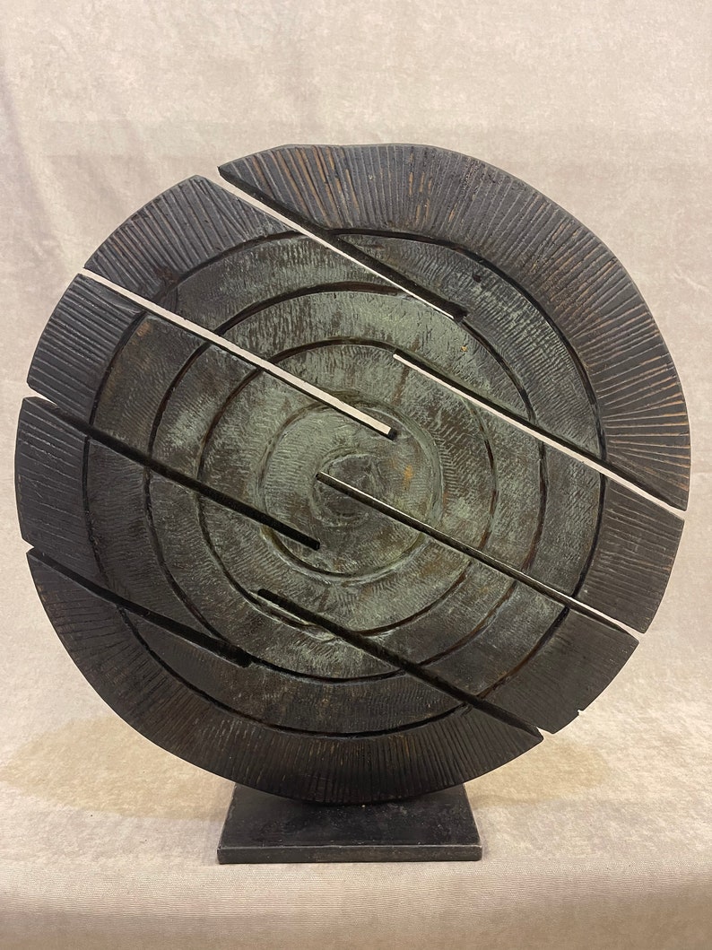 19.2x15.7 Original Round Wood Sculpture Creative Dark Wood Desktop Art Abstract Wood Table Figurine MAZE DISC image 3