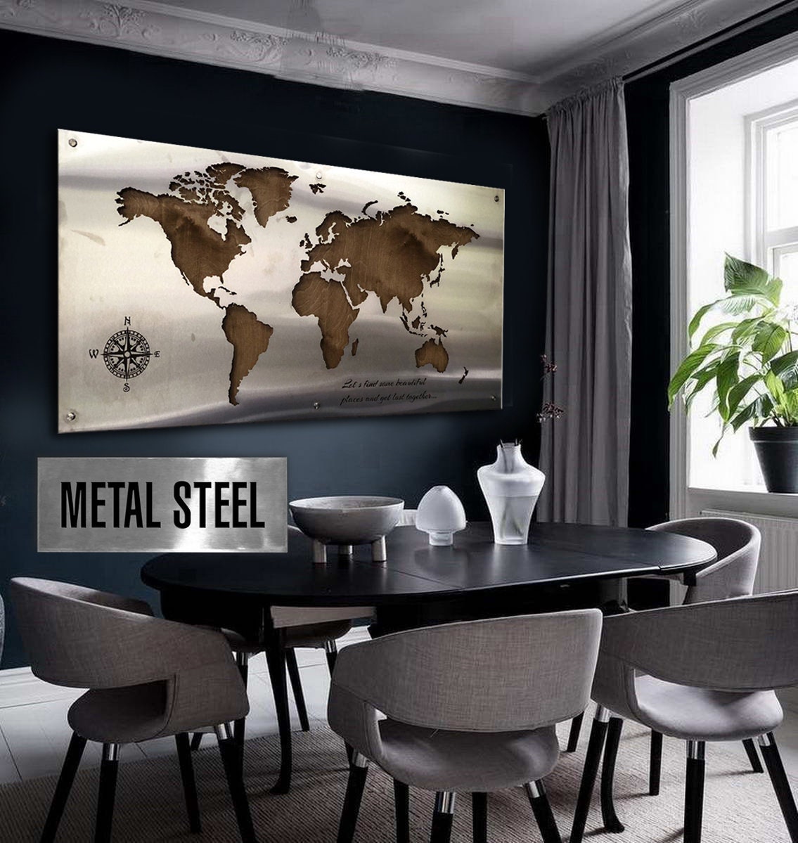 Metal Matte World Map Large Stainless Steel World Map Unique Etsy