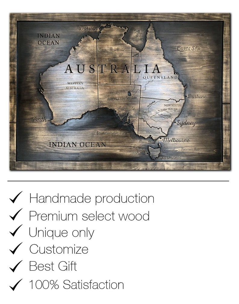 Australia Wooden Map Engraved Wood Map Wall Decor Wood Wall Etsy
