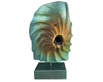 Scultura in legno ovale verde Arte astratta Statua da tavolo Arte moderna per desktop Decorazione per scrivania in legno VULCANO DORMENTE 15,8x7,8"