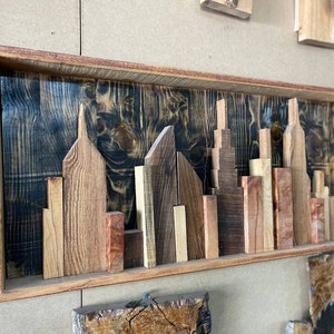 Cityscape 3D Wooden Plaque Cityscape Carved On Wood Panel Cityscape Sign Wall Hanging Decor Wood Carved Deocr for Indie Room Decor image 3